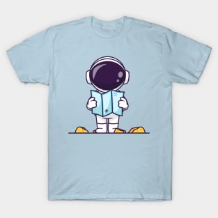 Cute Astronaut Holding Map In Moon Cartoon T-Shirt